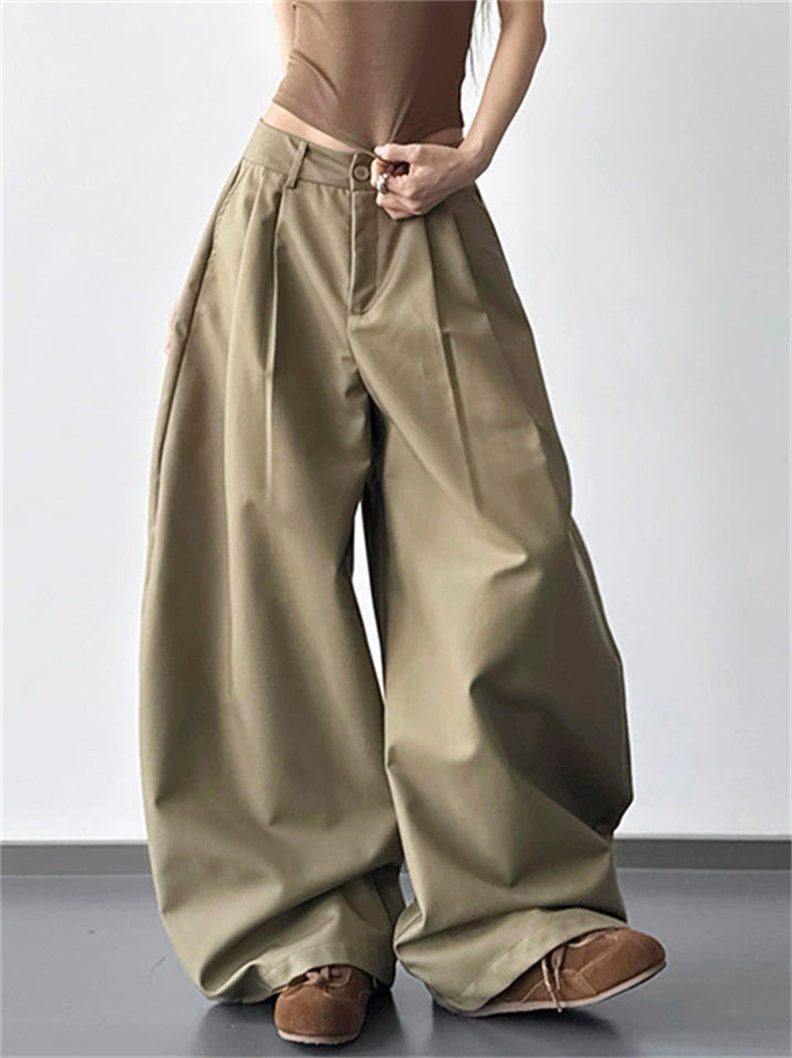 Pantaloni casual da donna, modello ampio a gamba larga con bottoni
