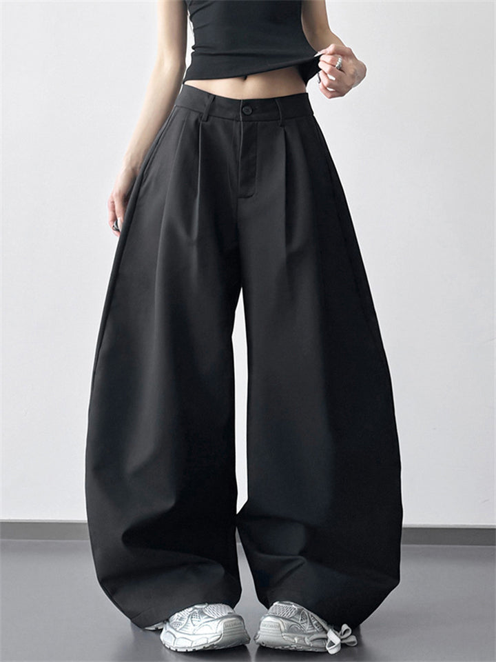 Pantaloni casual da donna, modello ampio a gamba larga con bottoni