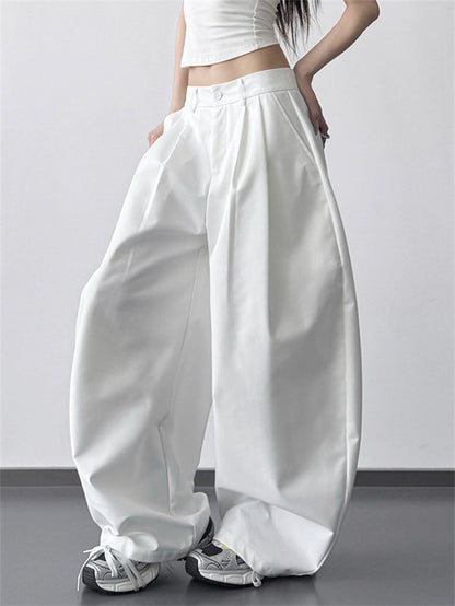 Pantaloni casual da donna, modello ampio a gamba larga con bottoni